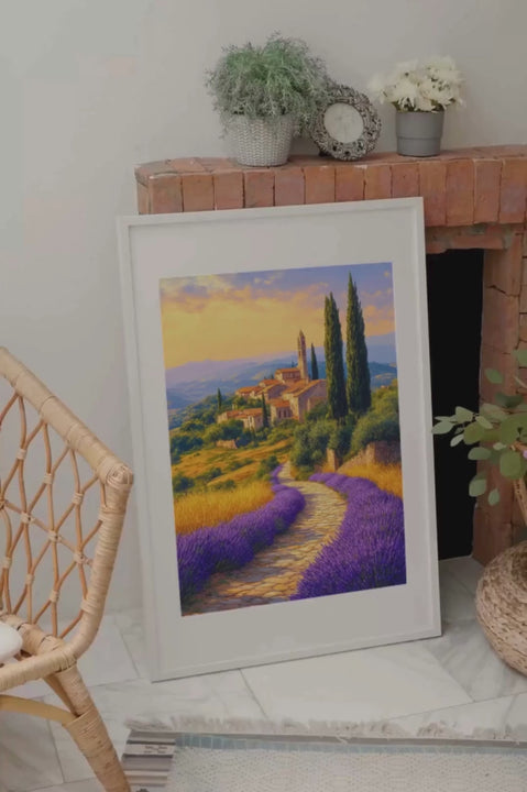 Sous le soleil couchant, le sentier de pierres s’enroule parmi les lavandes en fleurs, menant vers un village ancien qui semble suspendu dans le temps, un havre de paix où la lumière caresse doucement chaque pierre
