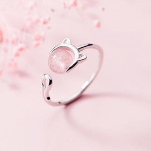 Bague chat argentée et pierre rose - Le Petit Fermier