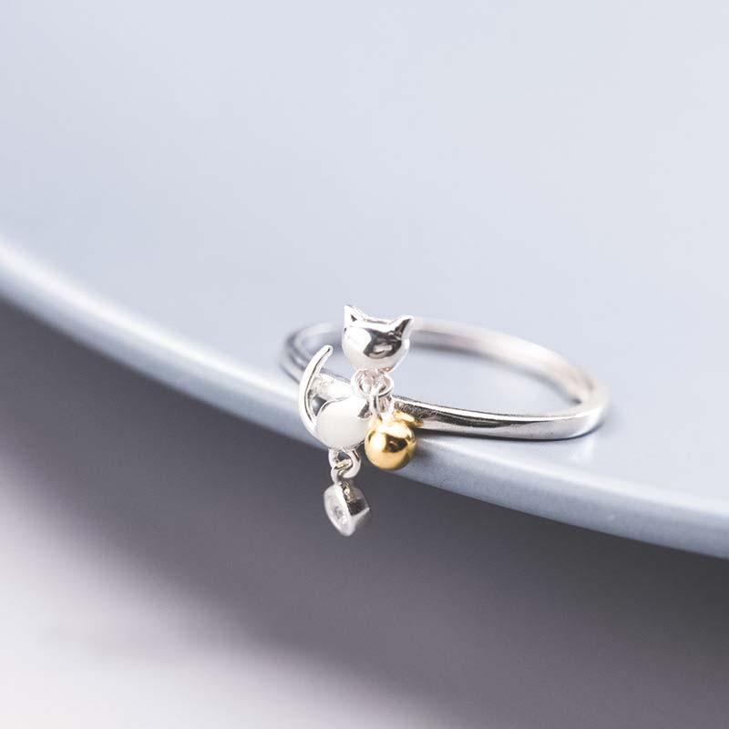 Bague chat argentée et sa clochette dorée - Le Petit Fermier