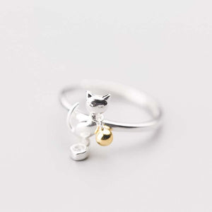 Bague chat argentée et sa clochette dorée - Le Petit Fermier