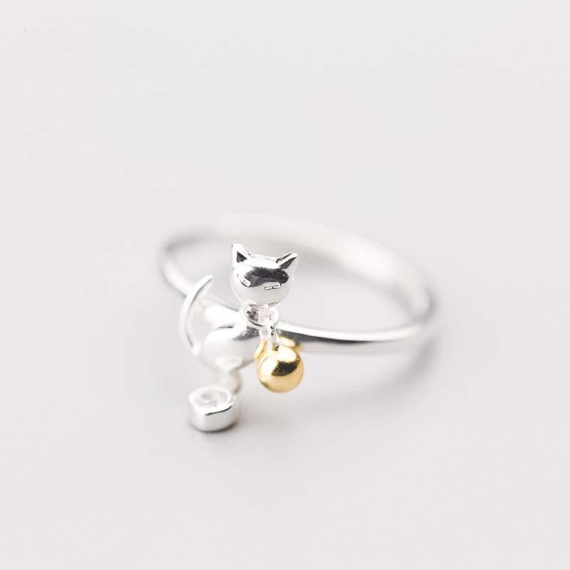 Bague chat argentée et sa clochette dorée - Le Petit Fermier