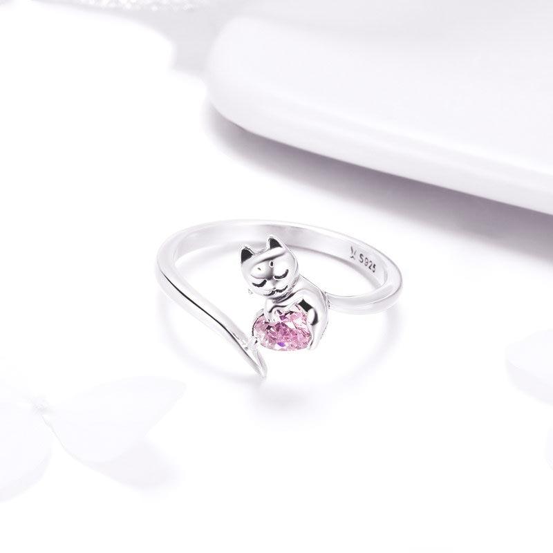 Bague chat en argent & cœur rose - Le Petit Fermier
