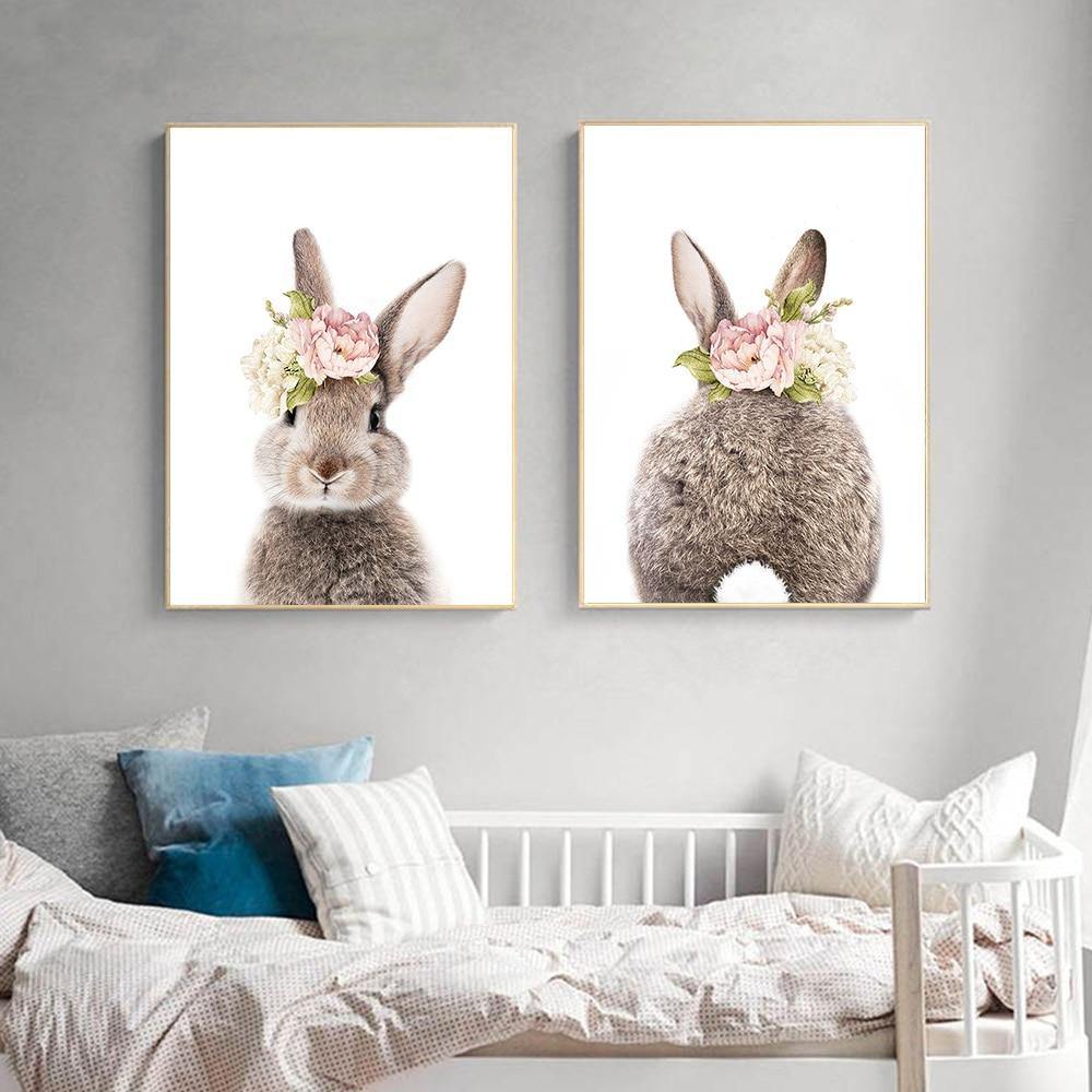 Tableau lapin de dos et couronne de fleurs - Le Petit Fermier
